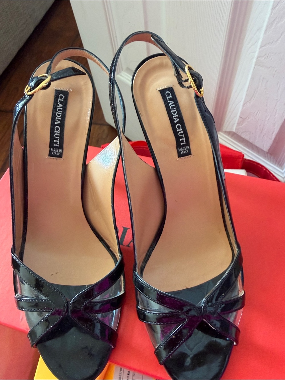 Claudia Ciuti Fayna Black Patent Leather Slingback Sandals
